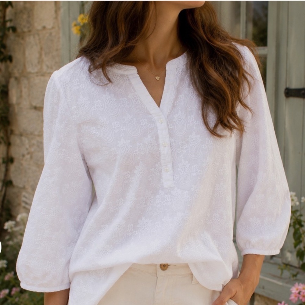 Talbots Woman White Cotton Pineapple Eyelet Henley Tunic Top 3X